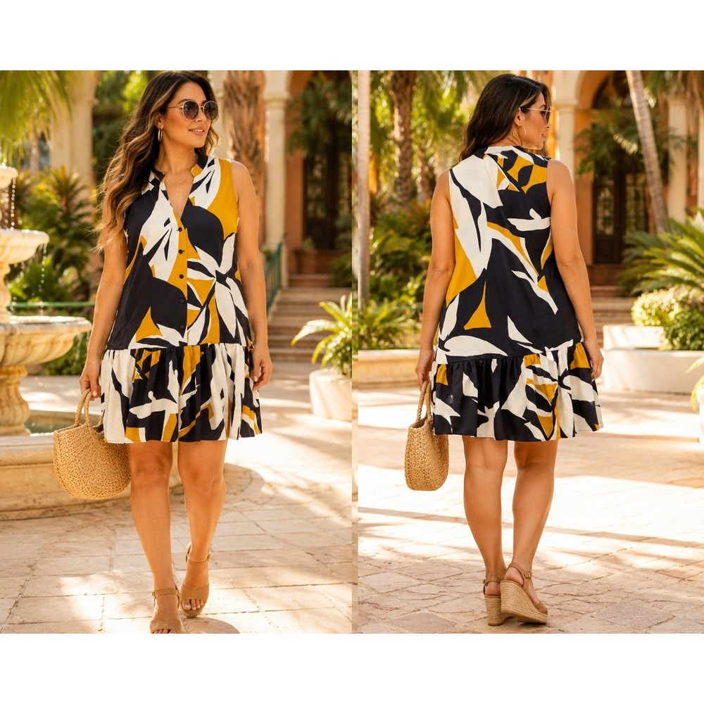 NWT Bold Tropical Resort Shift Sleeveless Dress Black Yellow Women M Nine West